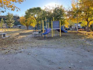 A park with a playground set and trees.