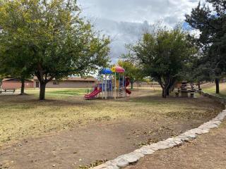 Playground in park with trees and grass.