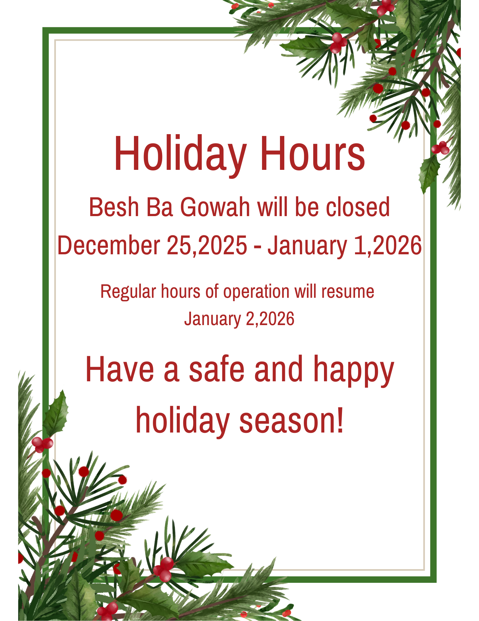 Holiday Hours