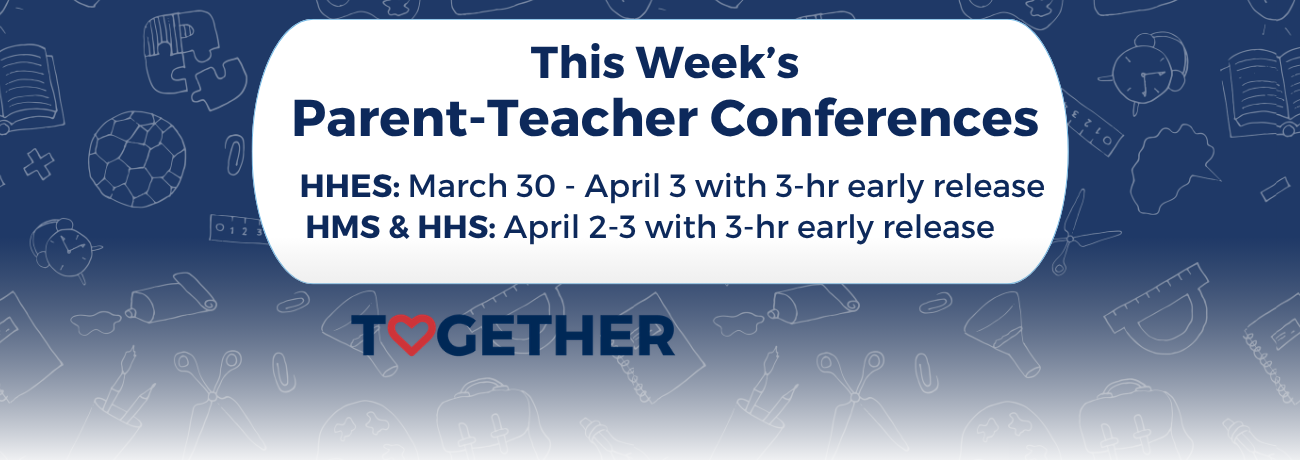 Parent-Teacher Conference schedule imposed on a background comprised of classroom supplies.