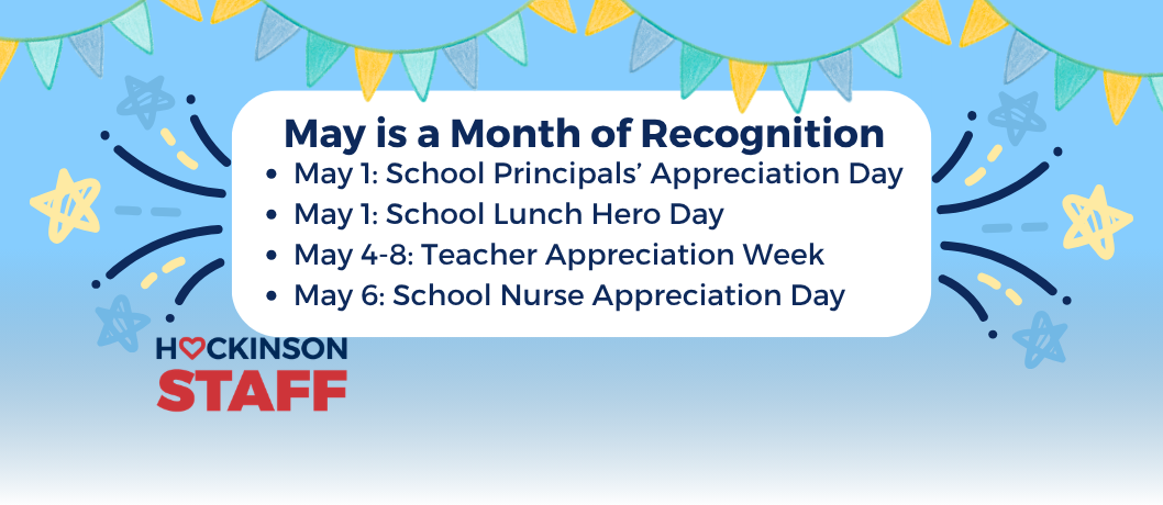 Celebratory graphic highlighting three school staff recognition days in the month of May.