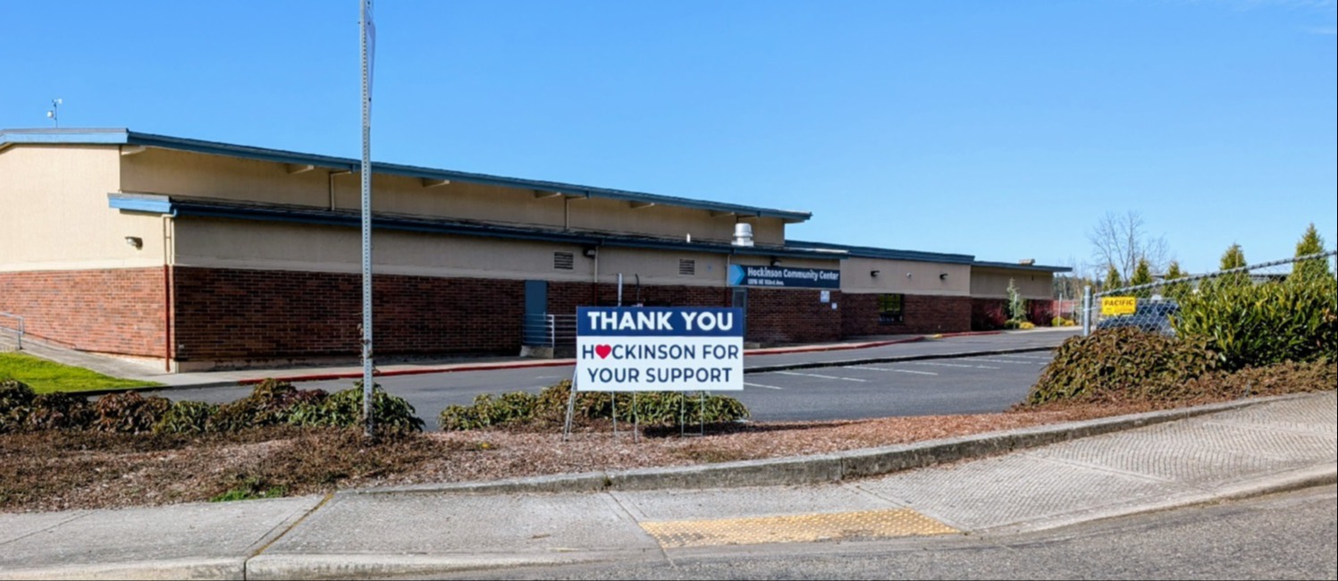 Front of Community Center with Thank you sign for support