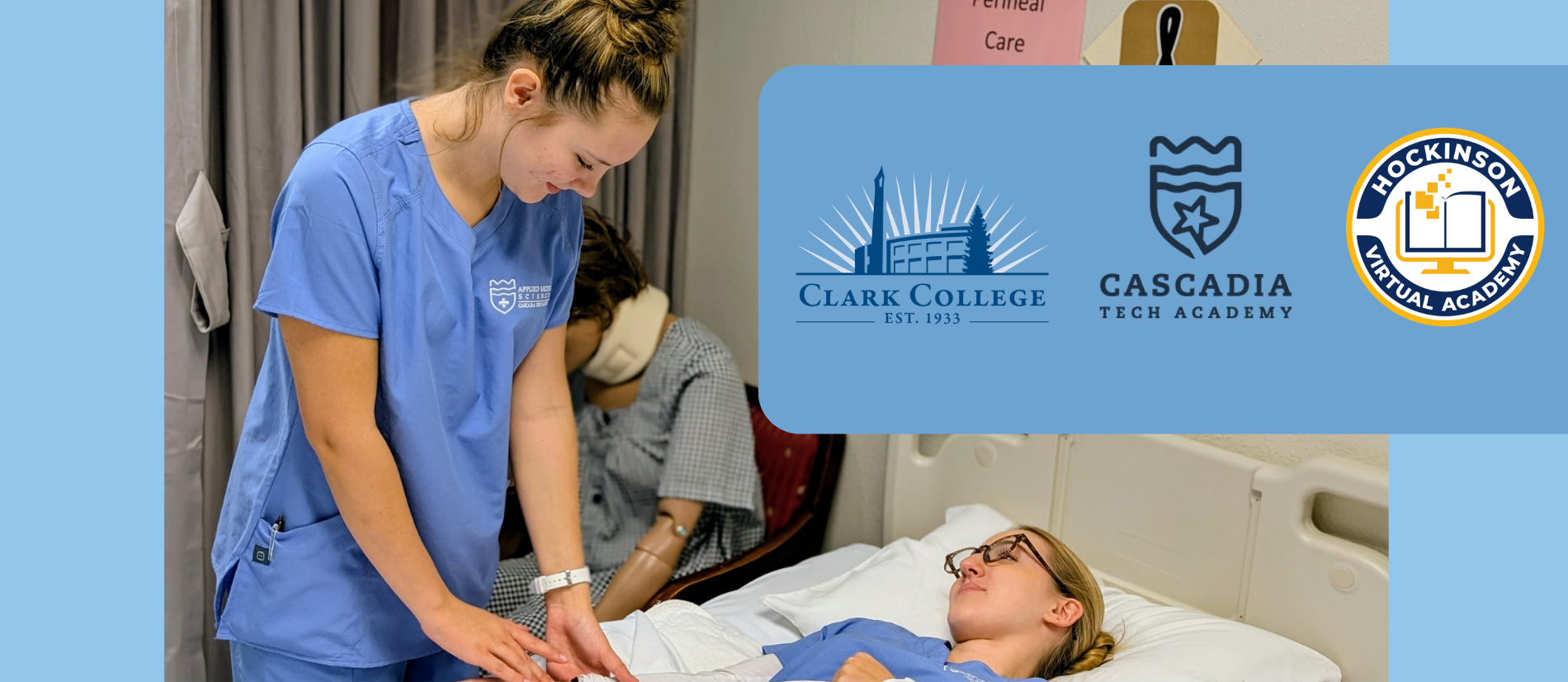 Student leans over a hospital bed to practice medical skills