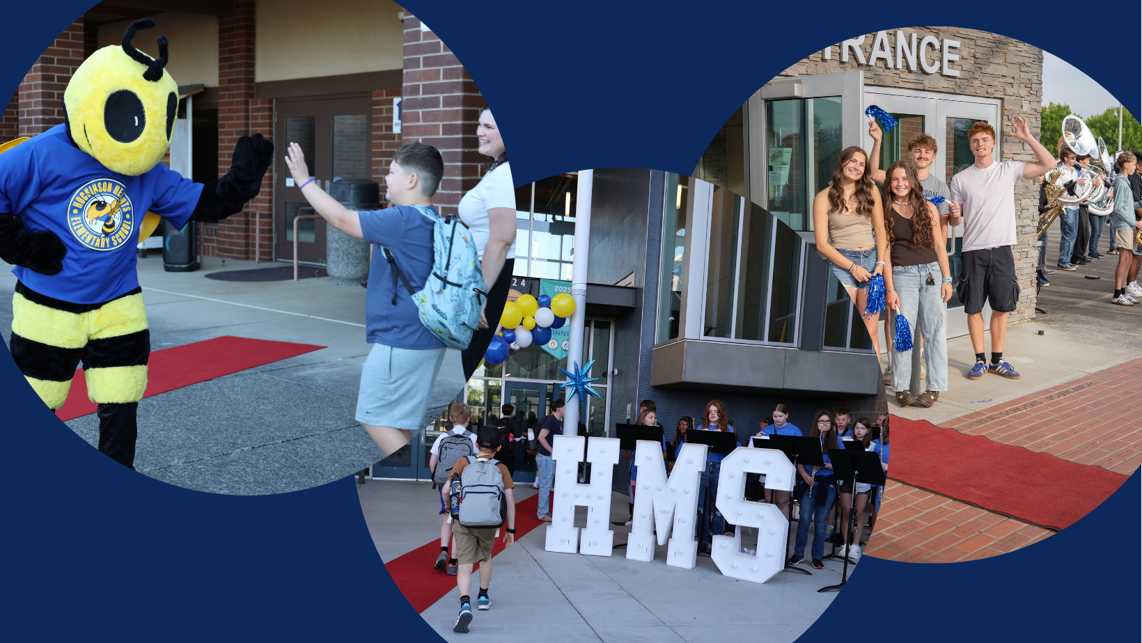 Three circles with photos of school entrances in each