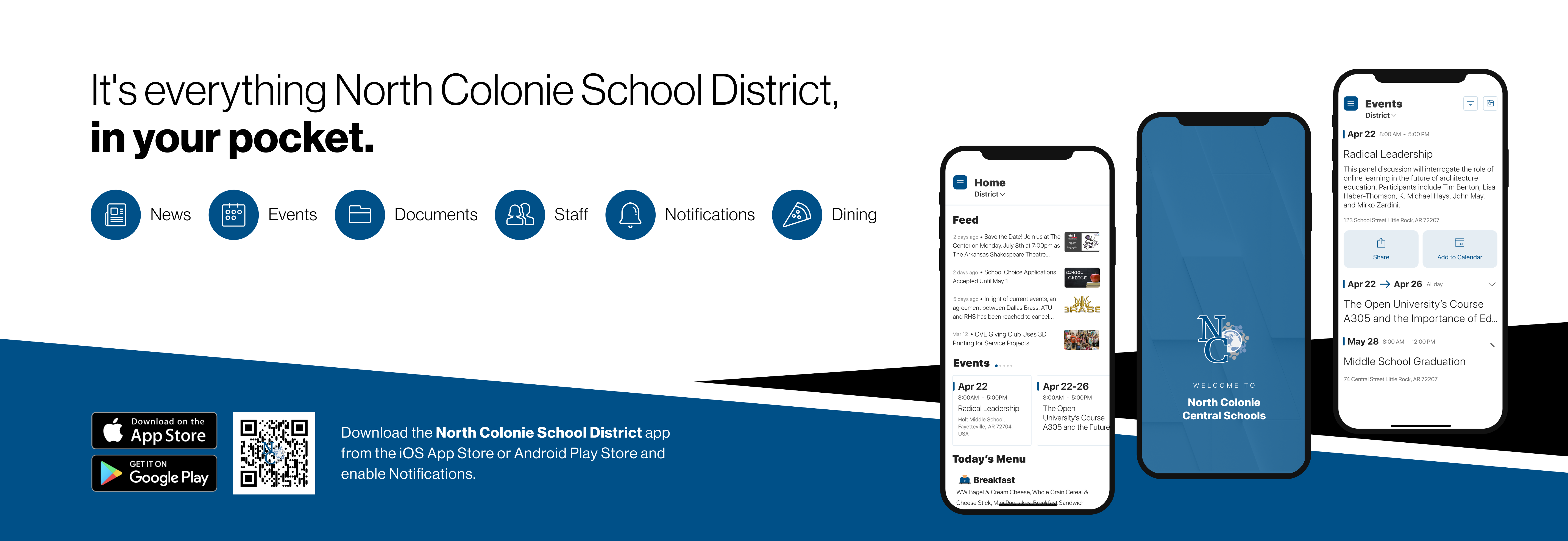 A banner promoting the new North Colonie CSD app. There is an image of three cell phones displaying various functions of the app.