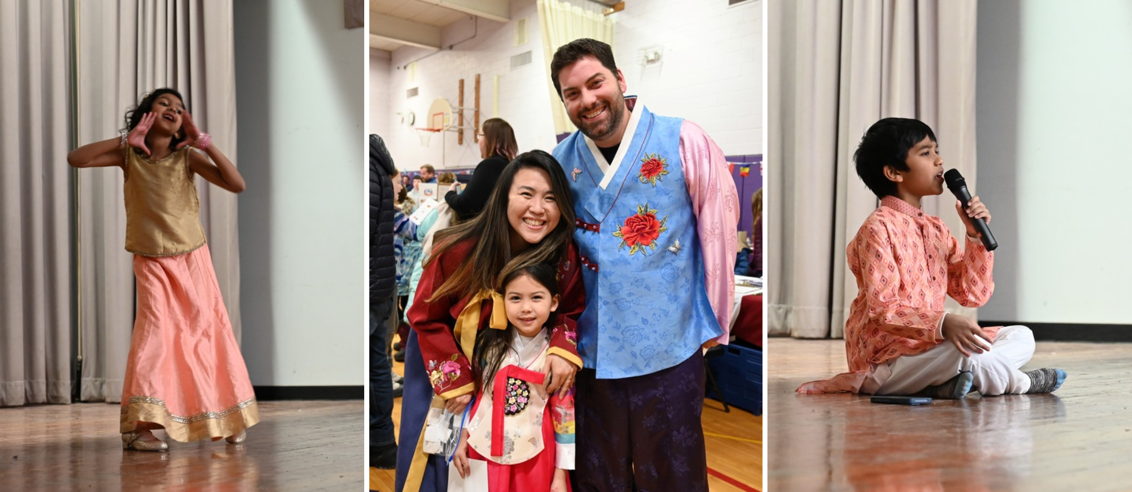 Student performing a routinue, family smiling for a photo, student on the ground singing