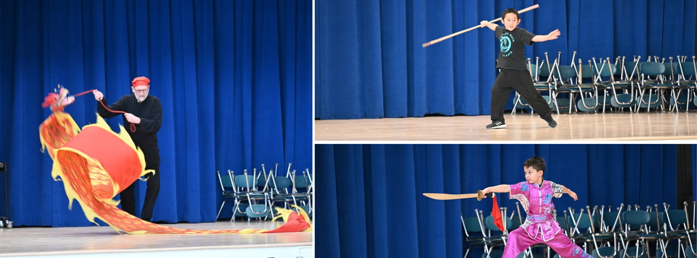 Man performing Dragon Dance, Children performing dances 