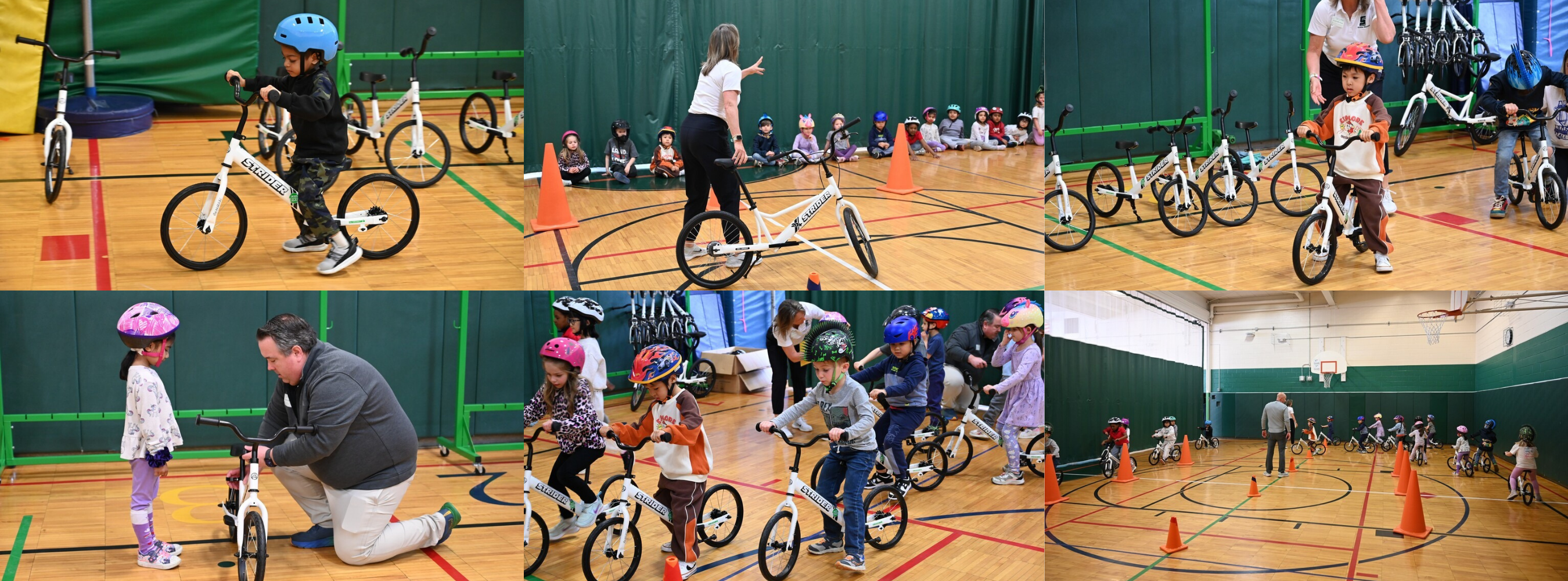 Images of kindergarten students riding bikes in a gymnasium.