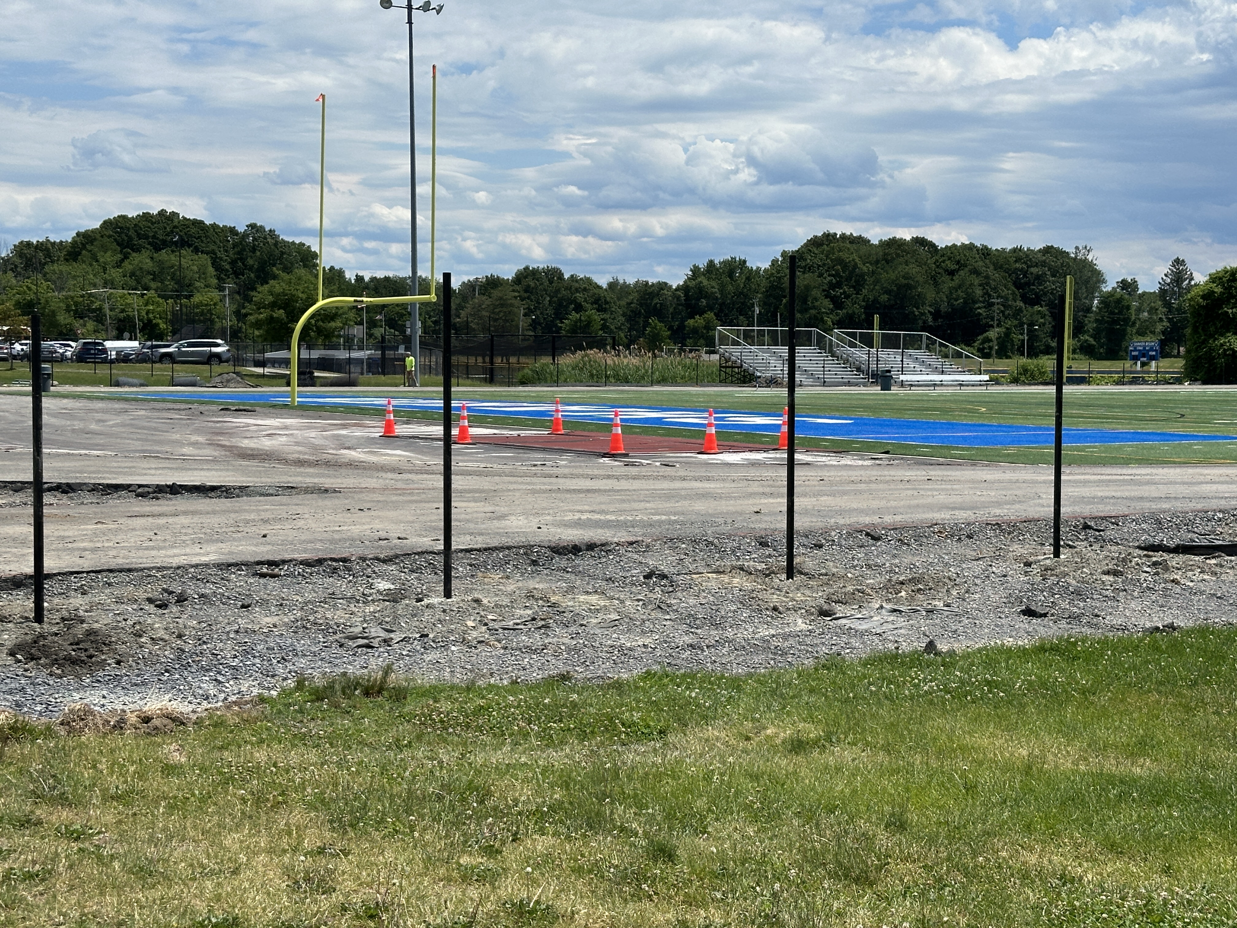 A view of Walker Field with the running track torn up around it.