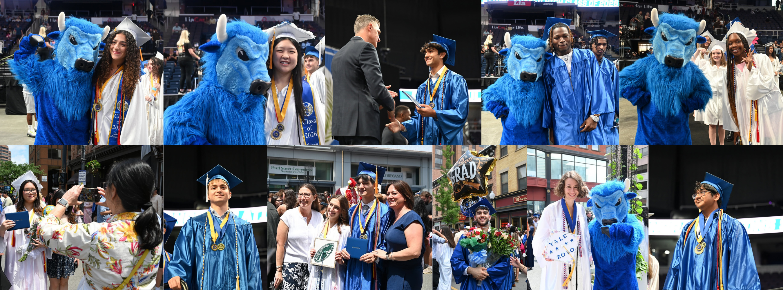 Images of Shaker High School graduates in caps and gowns at graduation.