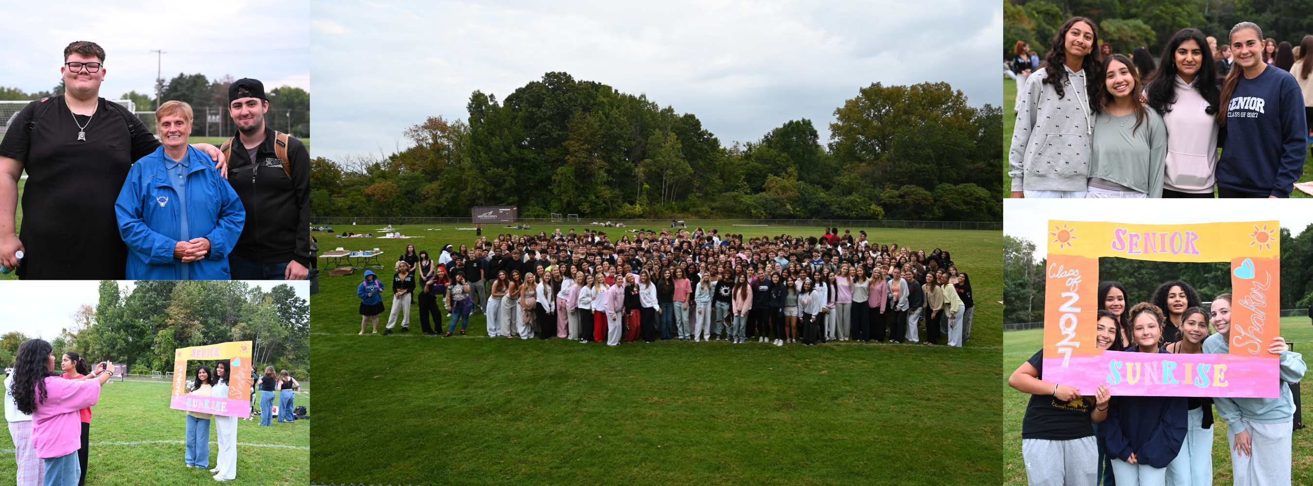 A collage of images from the Shaker Senior Sunrise which includes senior students on the lawn as the sun comes up.