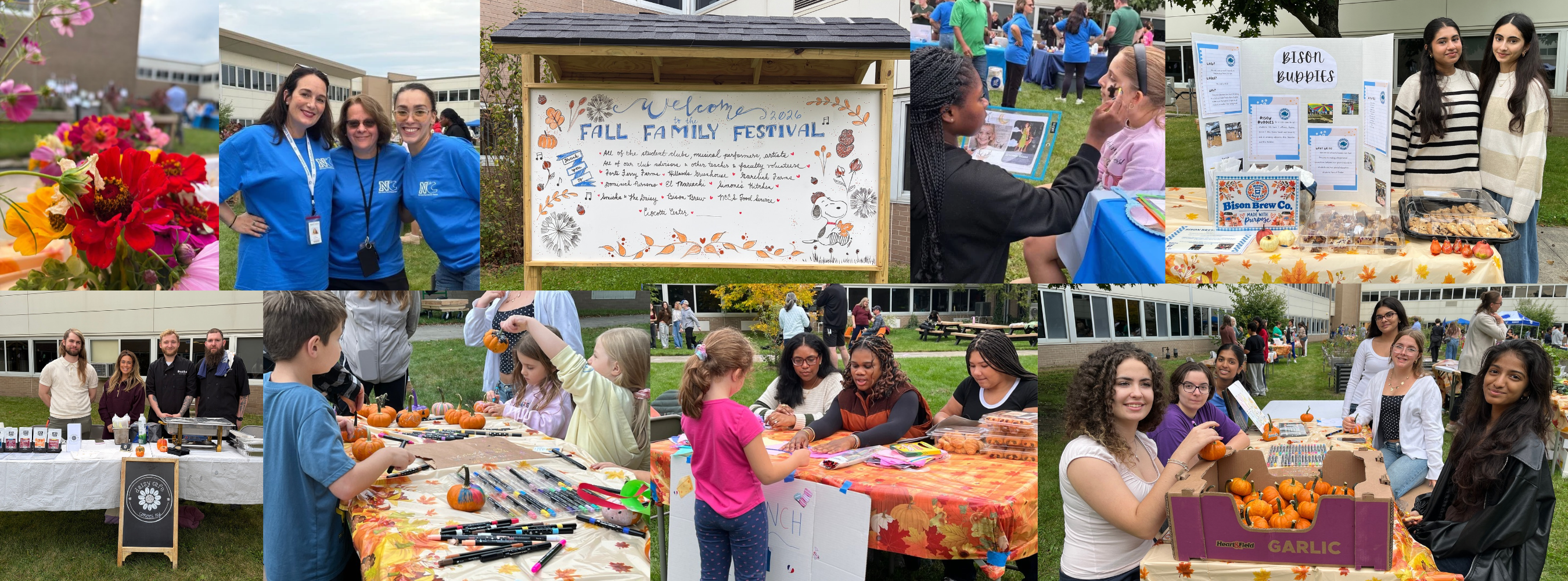 A collage of images from the Fall Family Festival that includes food vendors, pumpkin painting, face painting, flowers, garlic planting and other activities in the courtyard.