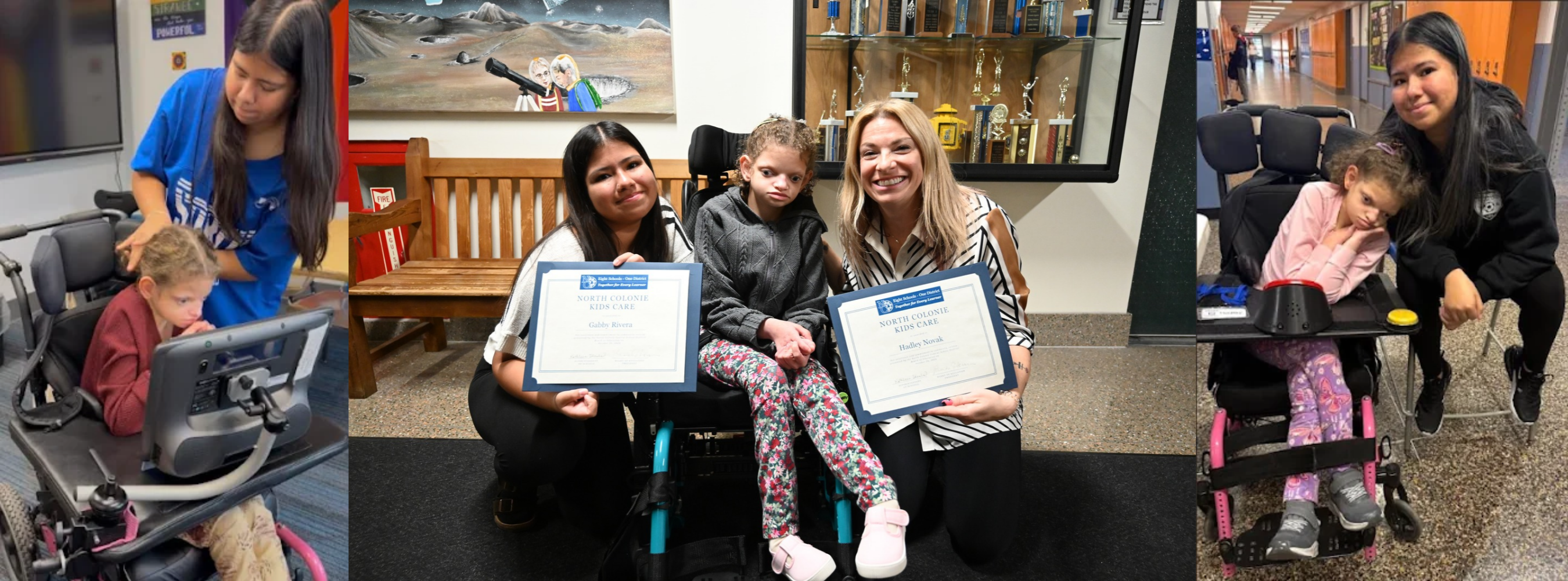 Images of friends Gabby and Hadley, posing with their Kids Care certificates and Ms. O'Brien, who nominated them for the award.