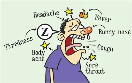 A cartoon man holding his throat and nose, displaying discomfort from a sore throat and nasal irritation.