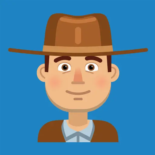 A man wearing a hat stands against a bright blue background