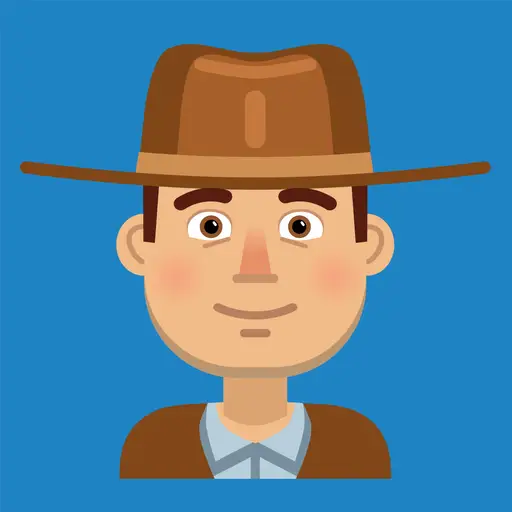 A man wearing a hat stands against a bright blue background