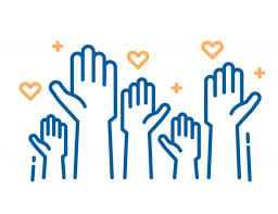 Hands raised high with colorful hearts surrounding them