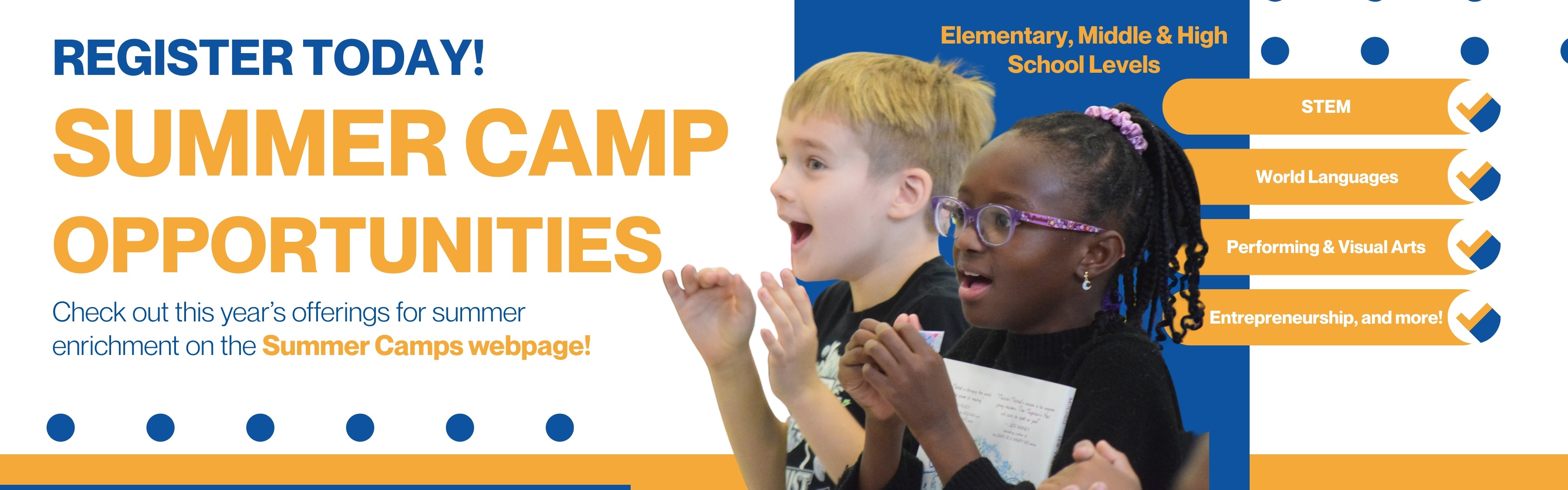 An advertisement for summer camp opportunities features two children, one with glasses, looking upward and another with a paper.