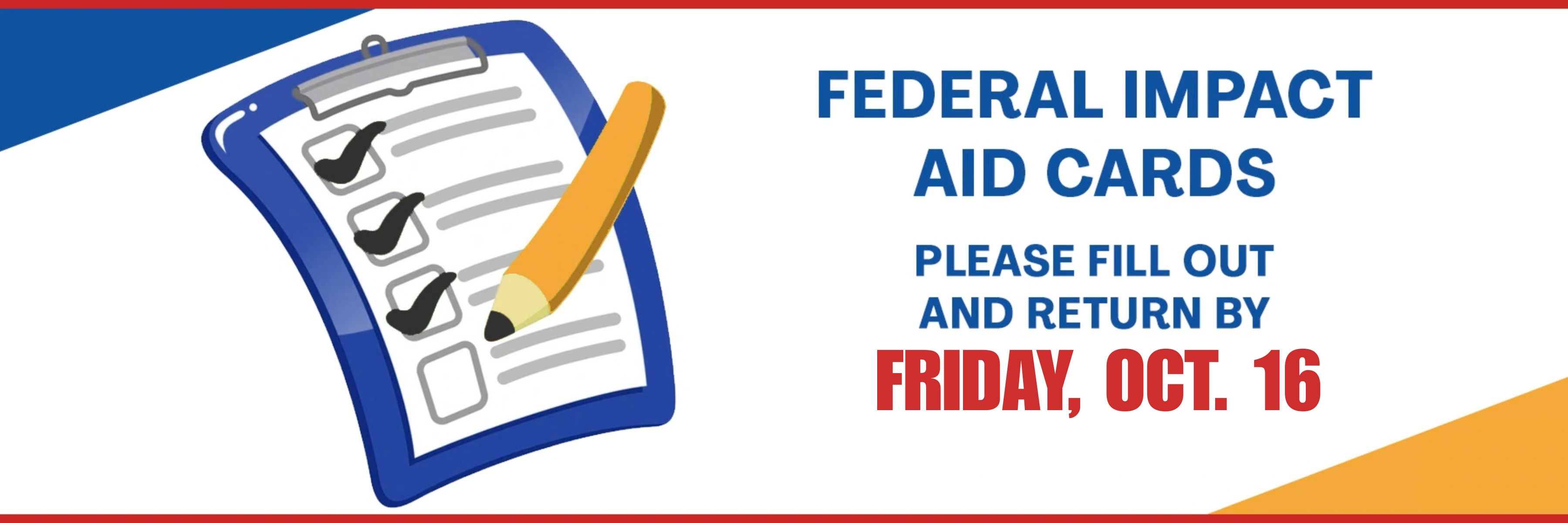 A white and blue banner with a checklist. A pencil rests on the checklist. The text reads "Federal Impact Aid Cards."