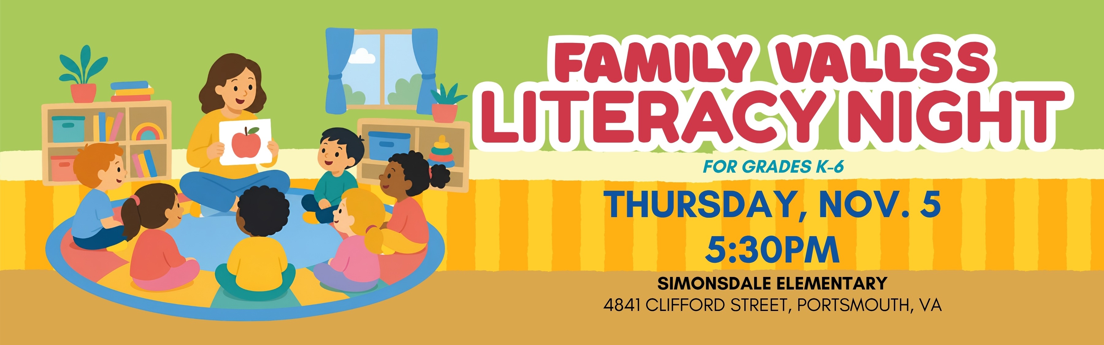 VALLSS Family Literacy Night, Thursday, Nov. 5 at 5:30pm at Simonsdale Elementary
