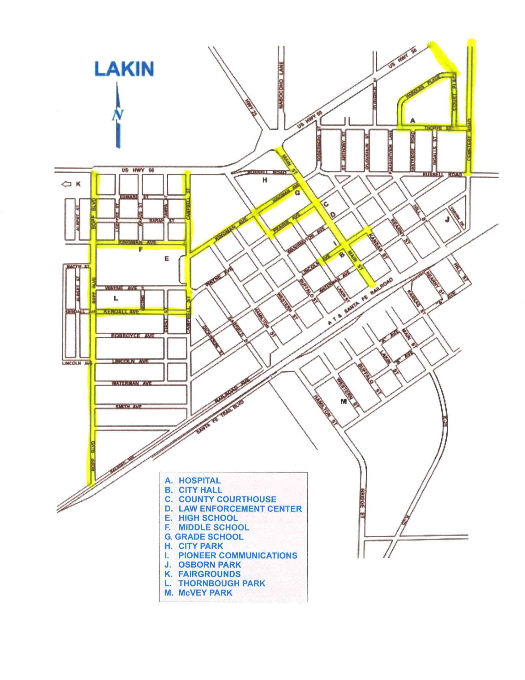 A map of a parking lot with yellow lines