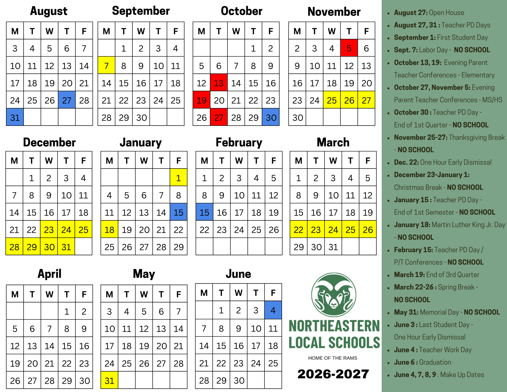 School Calendar 2026-2027 | Northeastern Local Schools