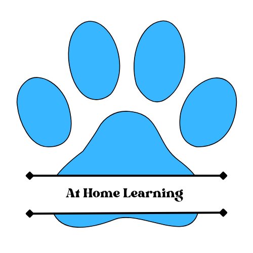 Blue bear paw with words at home learning