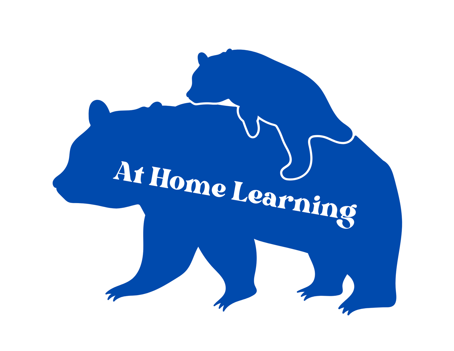 Baby bear climbing on momma bear back silhouette with words At home learning