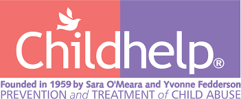 half pink half purple background with white bird flying with words Child Help underneath words founded in 1959 by Sara O'Meara and Yvonne Fedderson Under that words Prevention and treatment of Child Abuse