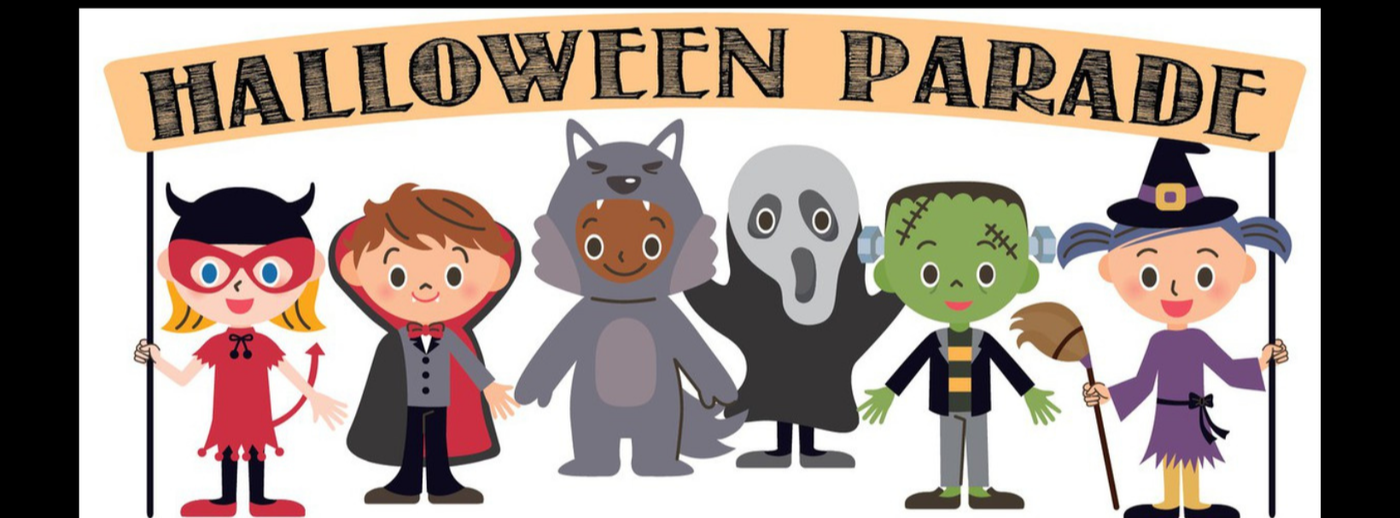 little kids dressed up in monster costumes with information about the Halloween parade