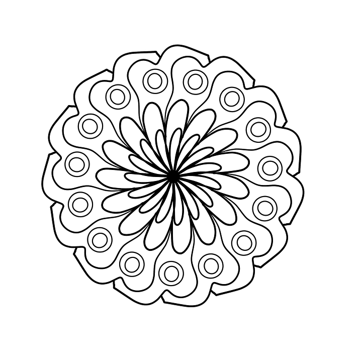 A stylized flower with circular patterns and a symmetrical design, presented in black ink on a white background.