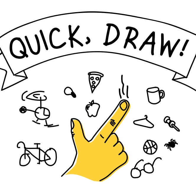 A hand with a finger pointing towards an illustration of drawing tools, emphasizing the theme of drawing and quick drawing.