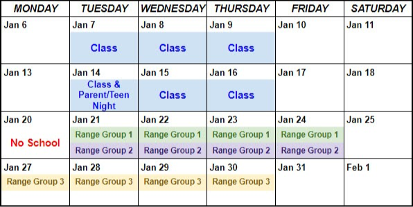 Jan 07, 08, 09, 14, 15, 16 and then either Jan 21, 22, 23, 24 or Jan 27, 28, 29, 30