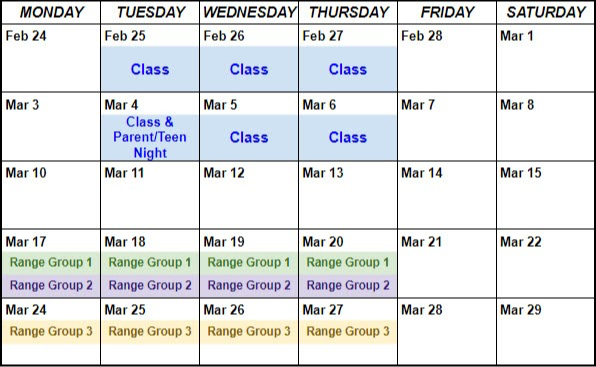 Feb 25, 26, 27, Mar 04, 05, 06 and then either Mar 17, 18, 19, 20 or Mar 24, 25, 26, 27