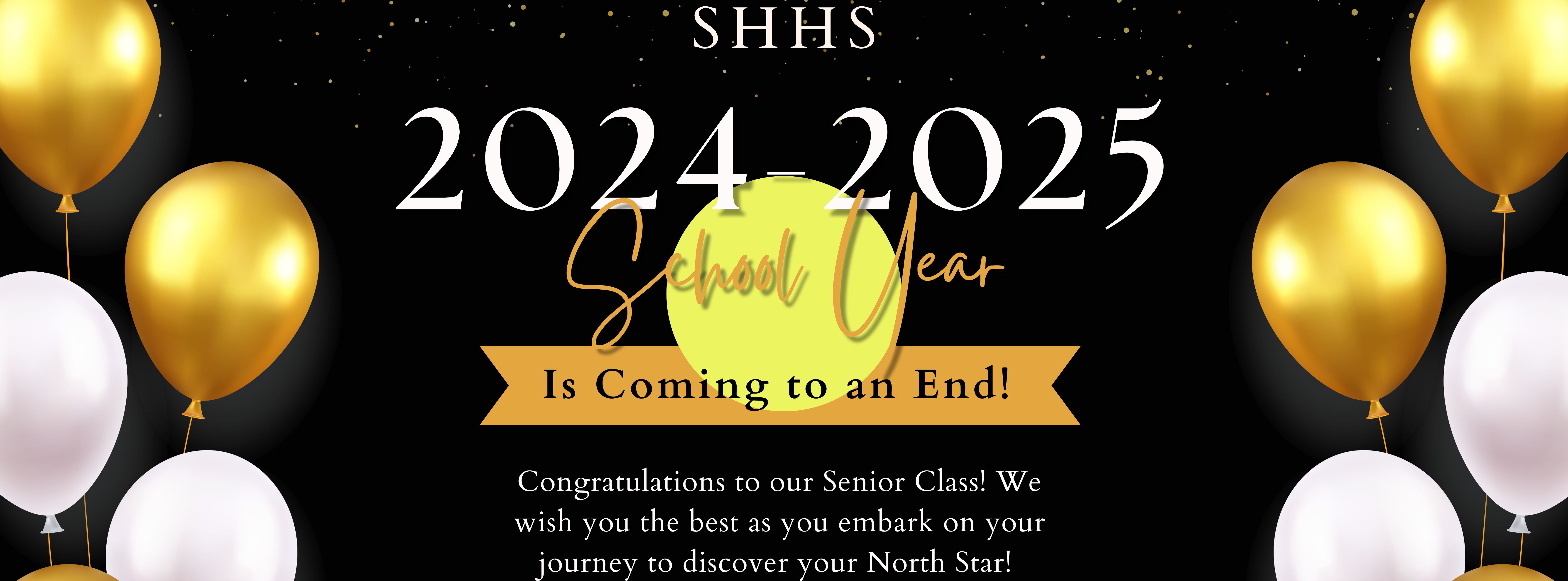 Happy Graduation-white and gold balloons on a black background
