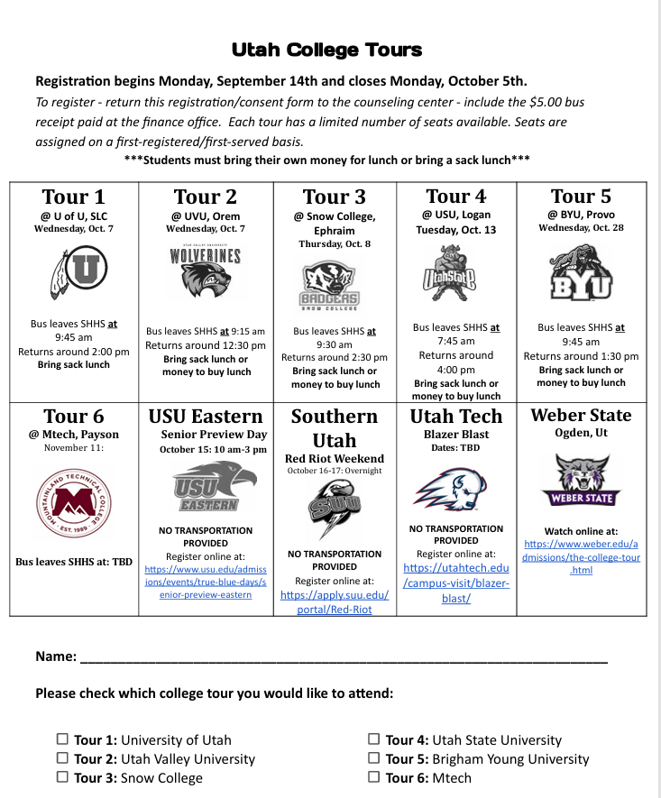 Utah College Tours Sign up Sheet