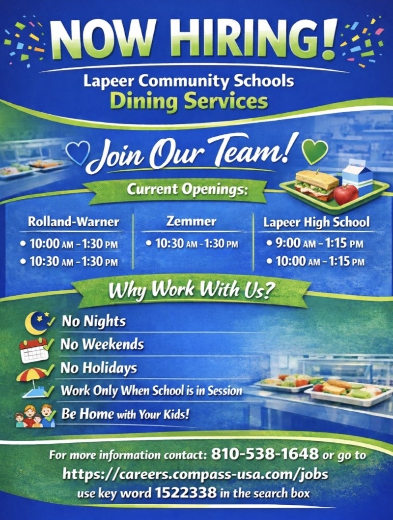 LCS now hiring for several positions in Dining Services at RW, Zemmer and LHS.