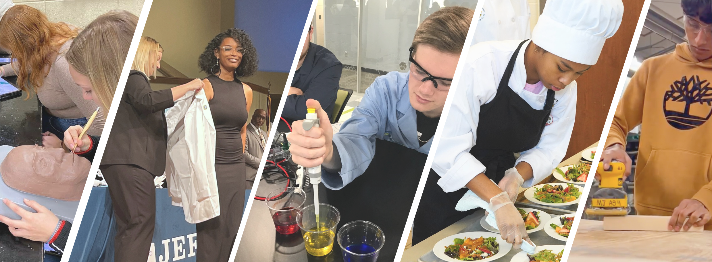 Collage of different Career and Technology Education Activities including health science, building, culinary, and special effects. 