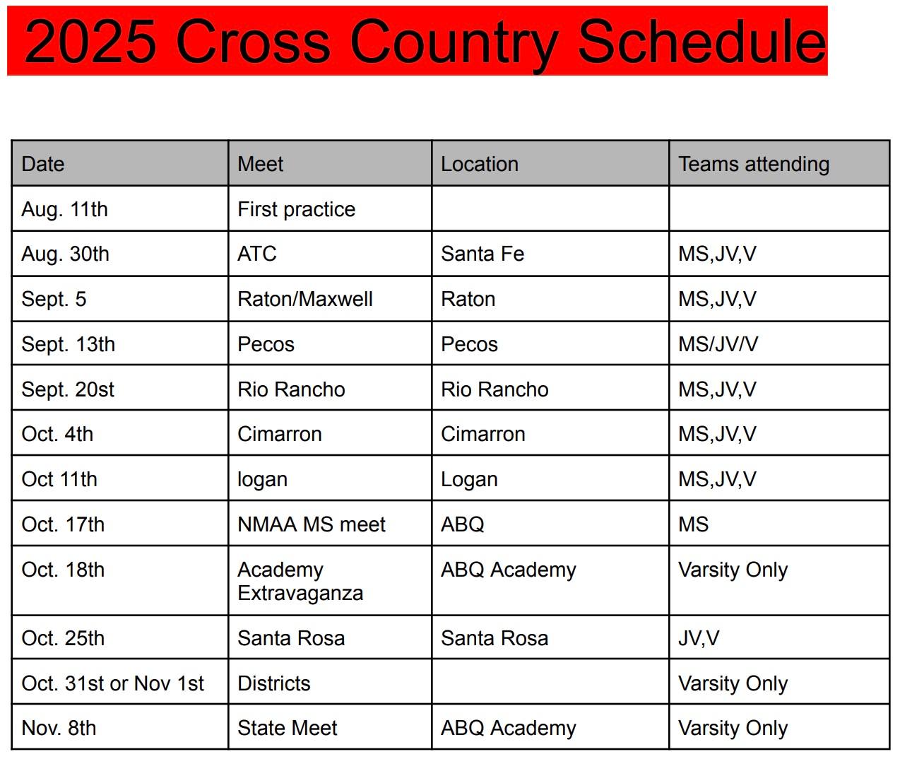 2025 Cross Country Schedule