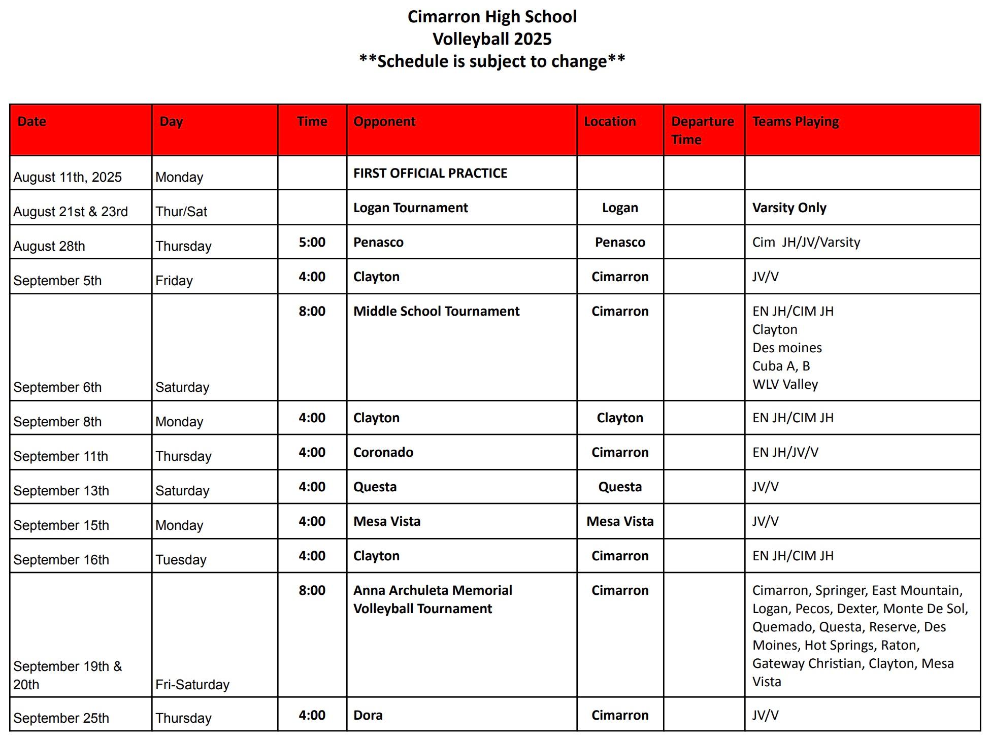 2025 Volleyball Schedule