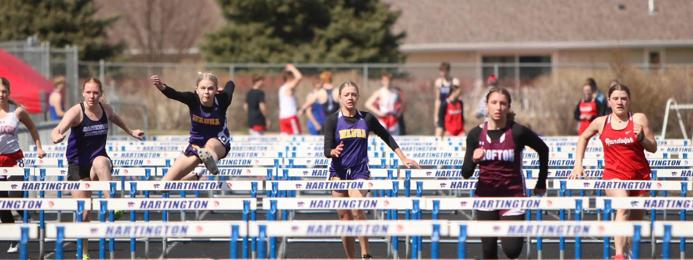 A group of girls energetically sprinting over hurdles on a track, showcasing their athleticism and teamwork.