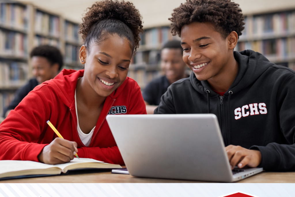 Students at a table studying and smiling.