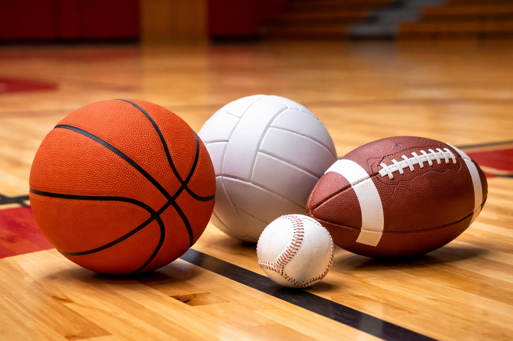 Basketball, volleyball, football, and baseball on a basketball court