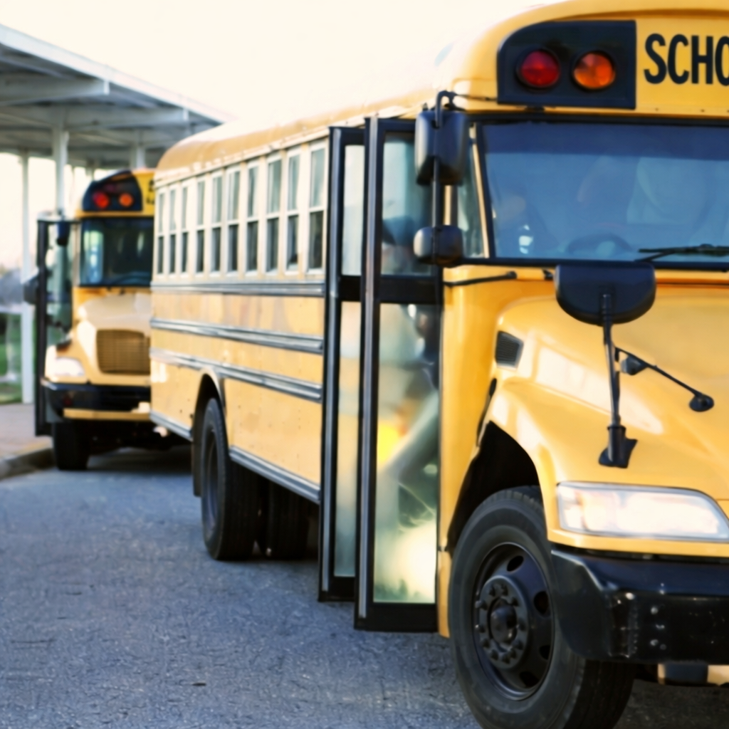 Yellow Sumter County Schools bus parked outside a covered school drop-off area with the passenger door open, and a second bus is visible in the background.