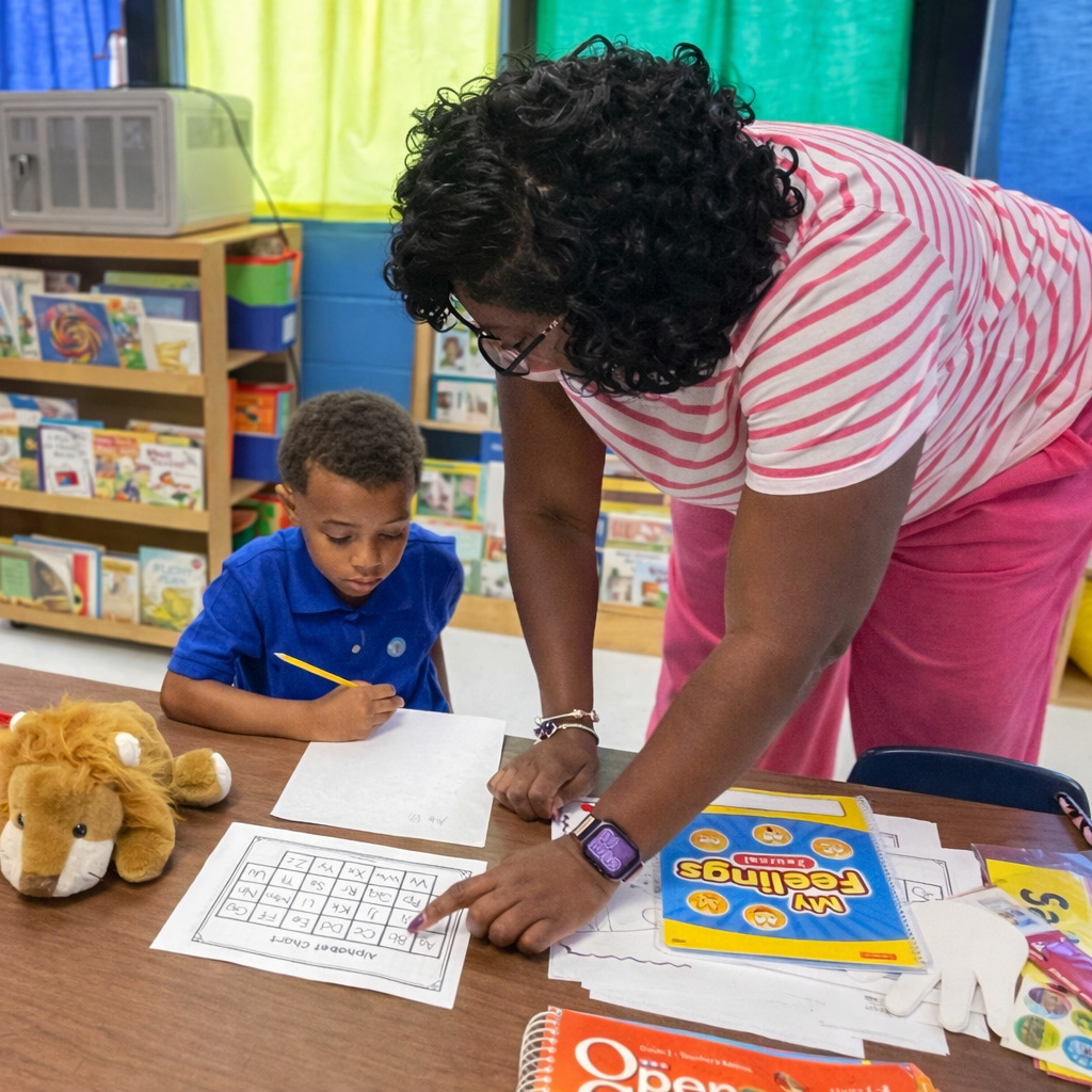 Teacher assisting a student in class