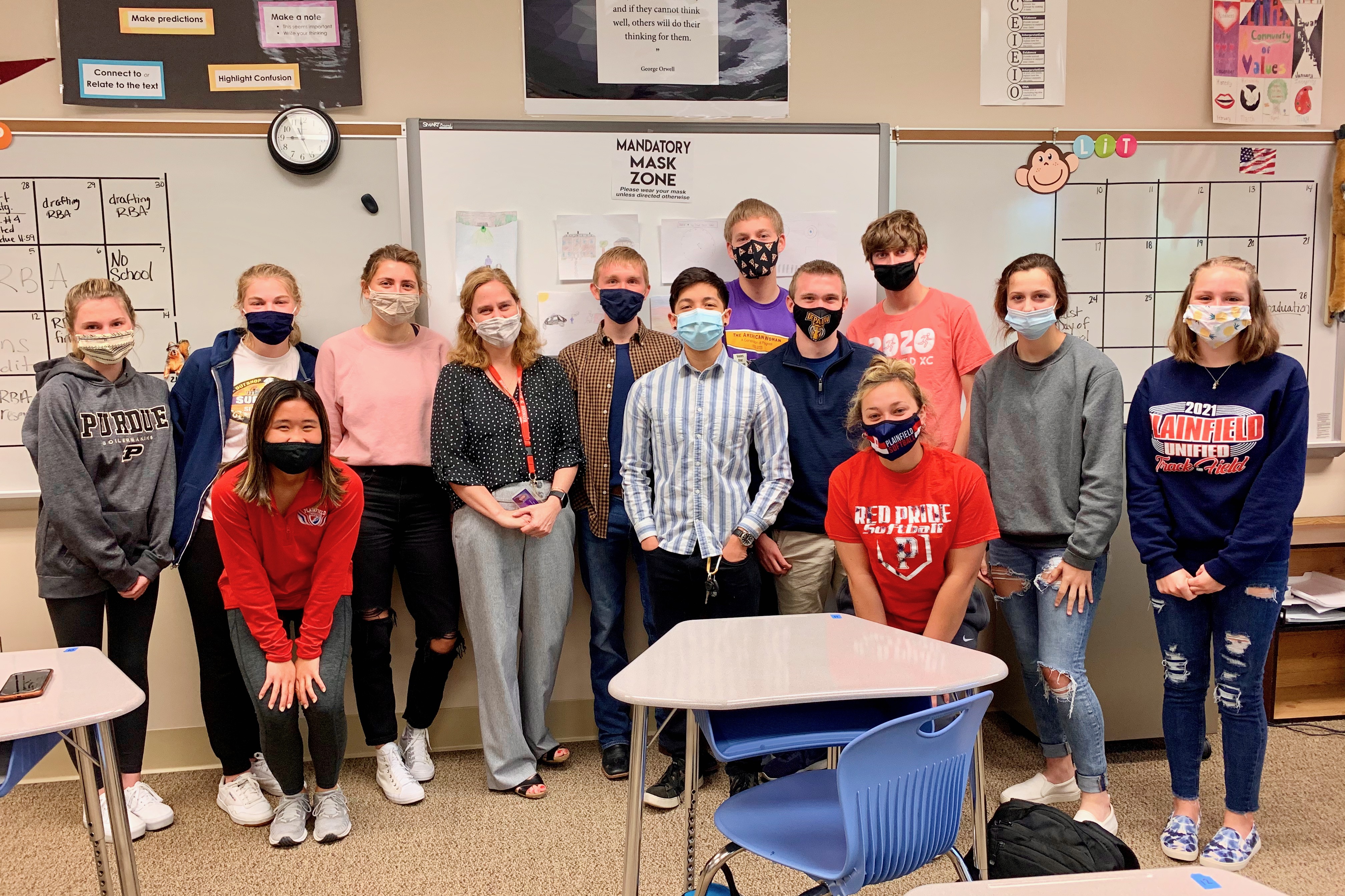 2022 Plainfield Teacher of the Year, Liza Payton, shown here with her AP Seminar English class.