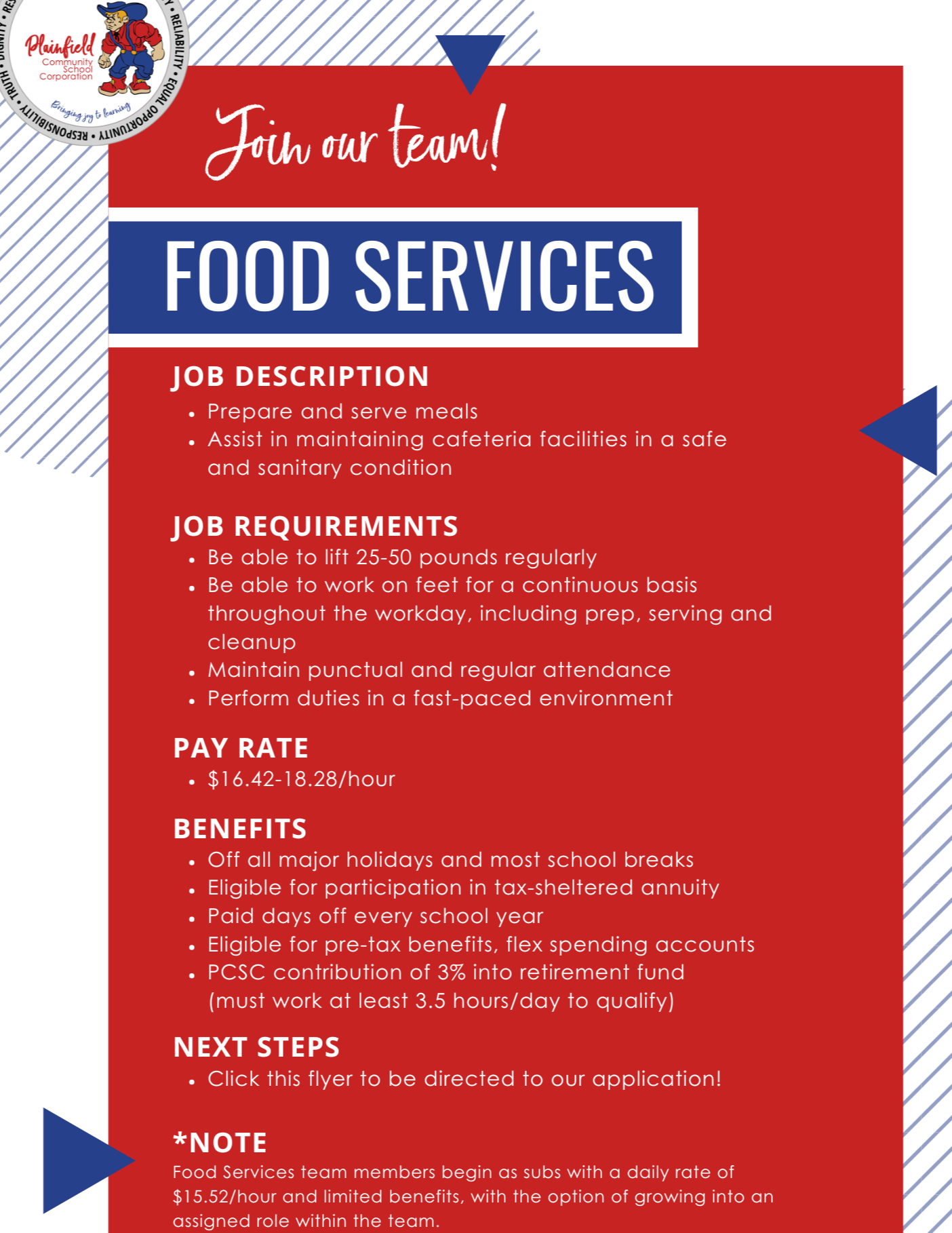 Details about being a part of the Plainfield Schools Food Services team