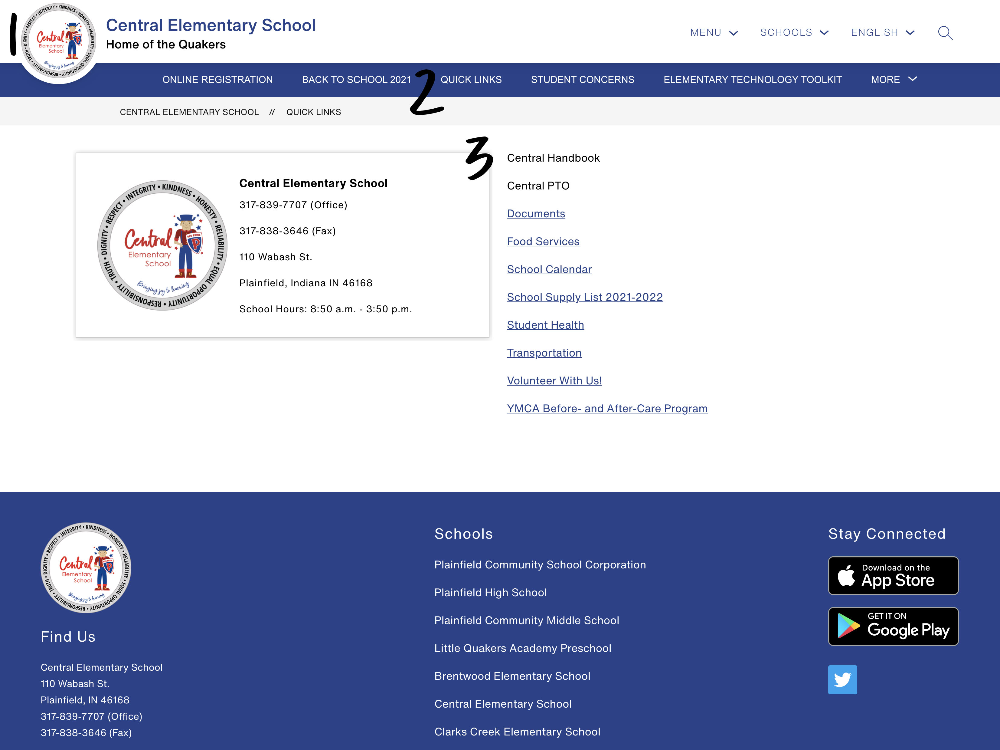 A screenshot of Central Elementary's Quick Links page