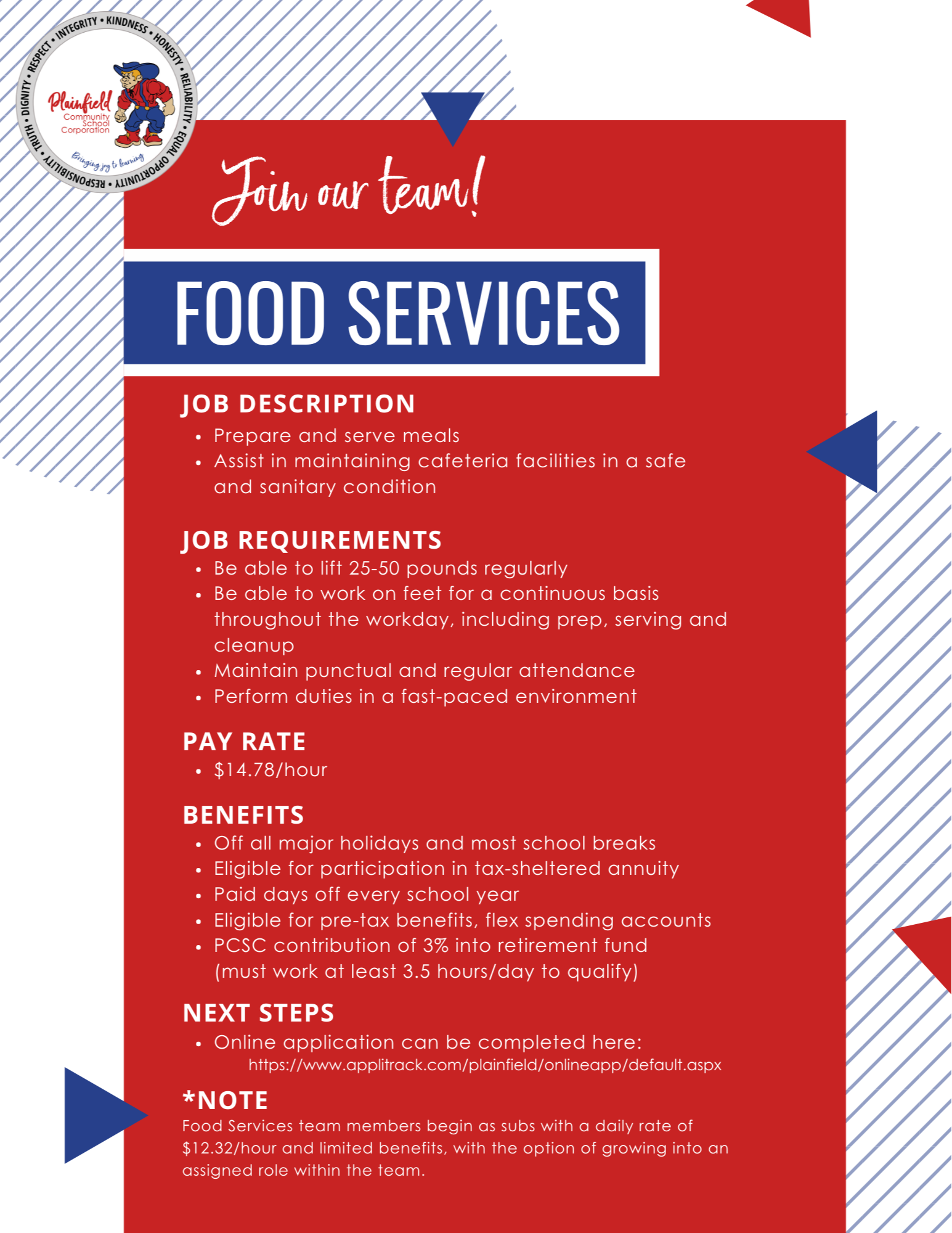 Details about being a part of the Plainfield Schools Food Services team