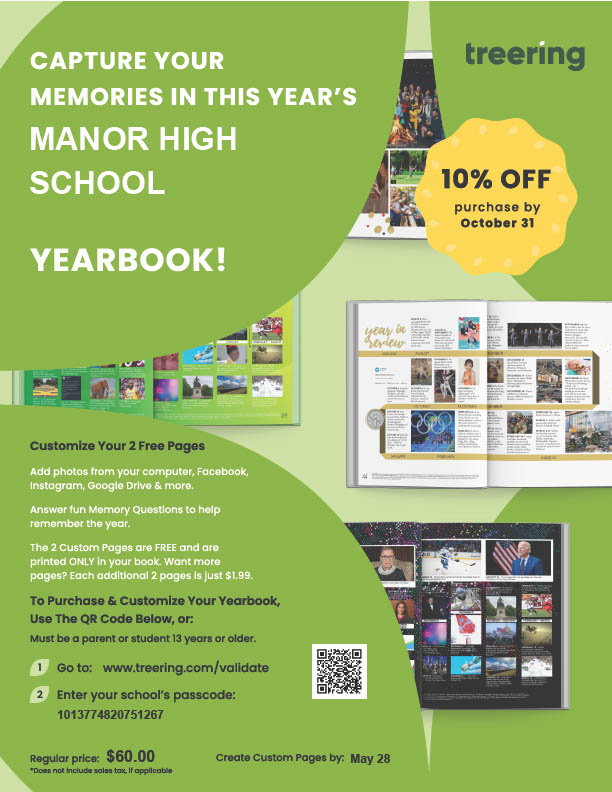 The photo is an advertisement for a local high school, "Manor High School," showcasing a yearbook book cover with a 10% discount offer.